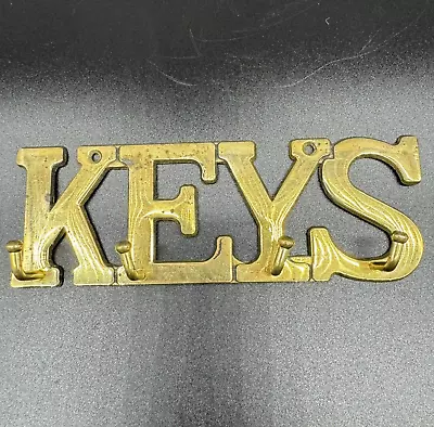 VTG Brass KEYS Word Shaped Wall Mounted Hook Rack Metal 4 Hooks Pegs Key Holder • $15