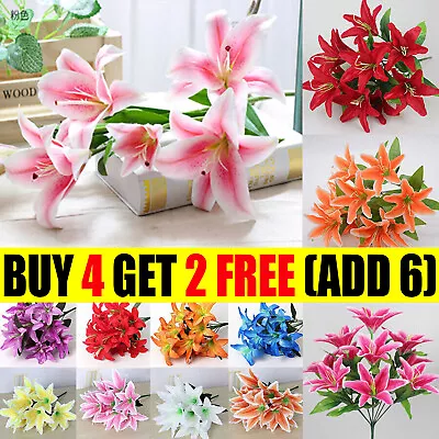 10 Heads Artificial Fake Lily Silk Flowers Bunch Home Wedding Party Garden Decor • £5.89