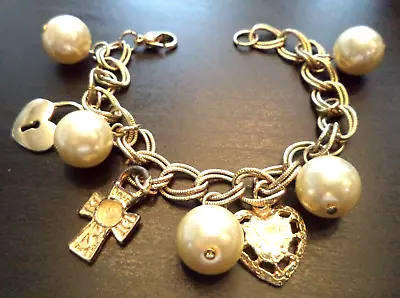 Stunning Vintage Estate Gold Tone Pearl Beaded Heart 7 1/8  Bracelet!!! 1568r • $0.99