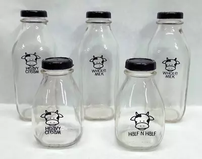 Stanpac Glass Milk Bottle Lot - (2) Pint & (3) Quart W/ Black Lids & Cow Graphic • $29.97