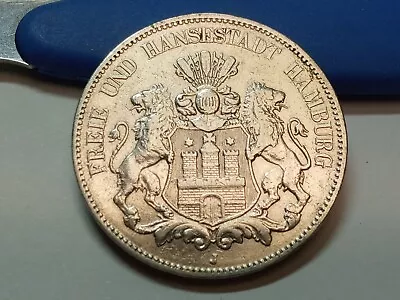 1907-J Germany Hamburg 5 Mark Funf Reich .900 Silver Coin • $60