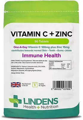 Vitamin C + Zinc X 90 Tablets; Skin Joints Immune; Lindens • £4.28