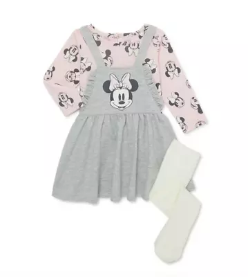 Minnie Mouse Baby Girls 3 Piece Pinafore Dress Shirt Tights NWT Disney Gray Pink • $19.99