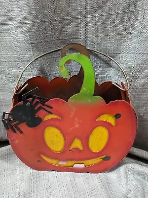 Vintage Halloween Tin Jack O Lantern Pumpkin Candy Bucket Metal Hand Made • $59.99