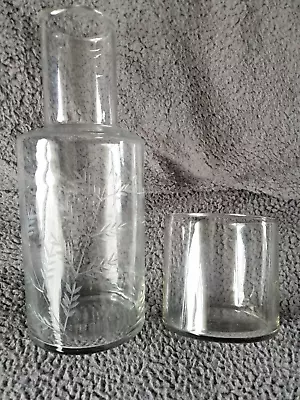 Vintage Etched Clear Glass Bedside Water Carafe & Tumbler Set Leaf Design • £6