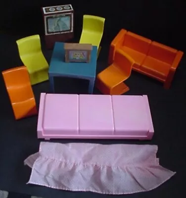 Vintage 1973 Barbie Townhouse Furniture All Rooms Furnished Bedroom Living Room+ • $59