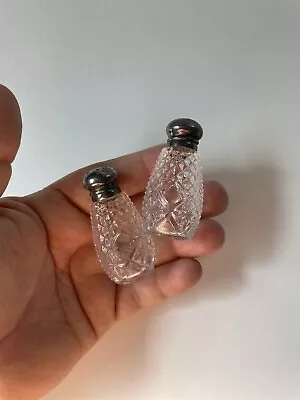 Vintage Clear Cut Glass Small Salt And Pepper Set Shakers Patina Lids 2 Inches • $7.30