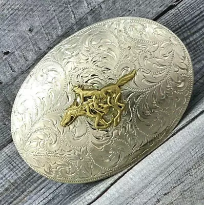 Western Horse Rider Belt Buckle German Silver Vtg 80s Montana Silversmiths .B151 • $59.95