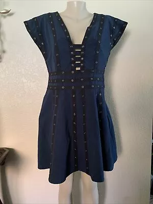 ZAC POSEN Dress Lined Size 12 20th Anniversary Blue Black Fit & Flare Snap • $29.99