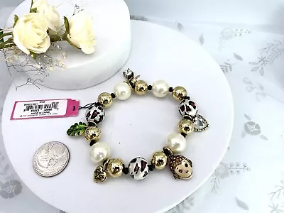 Betsey Johnson Vintage Leopard Bead /Pearl Monkey Sign Charm Elastic Bracelet • $29.99