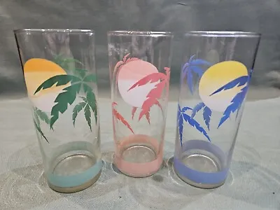 Vintage Panache Set Of 3 Colourful Palm Trees Sunset Tumbler Glasses GC • £13.99