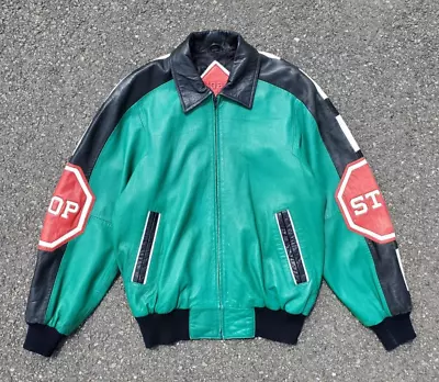 Rare Vintage Michael Hoban Stop Sign Green/Red Leather Jacket Sz S/M North Beach • $299.97