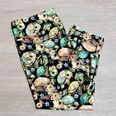 Floral Turtle Print Capri Soft Black Leggings W/ Pockets • $27.20