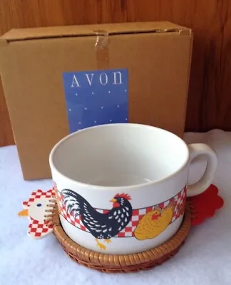 Avon Checkered Chicken Ceramic Soup Mug And Wicker Coaster MIB • $7.64