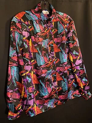 Vintage 80s Laura Mae Satin Long Sleeve Button Shirt Memphis Milano Vaporwave M • $54.99