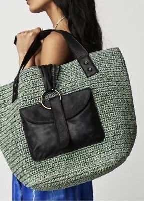 Free People Raffia Straw Tote Bag Green Large  Leather Trims Summer Shopper • £49