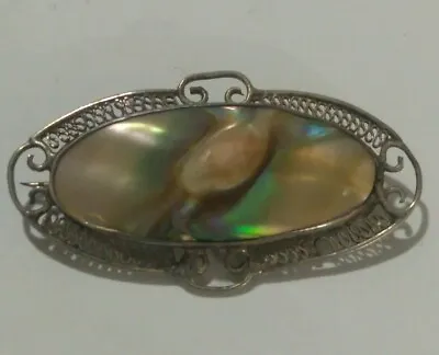 Vintage Sterling Silver 925 Abalone Shell Filigree Pin Brooch • $55