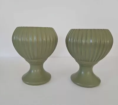 Pair Of Vintage McCoy FLORALINE Pedestal Pottery Vases Olive Matte Green • $20