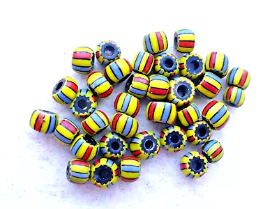 Antique 35 Pcs Red Yellow Blue  Stripes  Blue Heart  Chevron Glass Trade Beads • $12.35