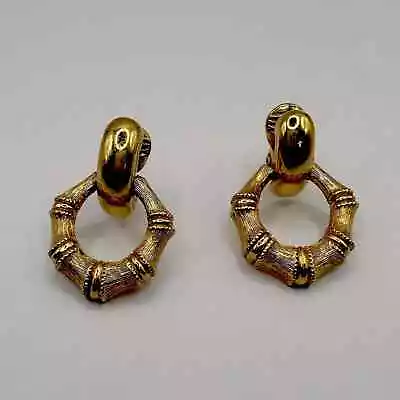 Vintage Monet Door Knocker Bamboo Earrings Clip On VTG 80s Gold Tone • $29.75