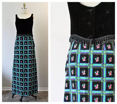 VTG 60s Mr. Dino Designer Velvet Print Maxi Skirt Velvet Beaded Crop Top Dress • $79.99