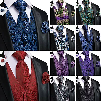Mens Formal Wedding Waistcoat Floral Paisley Suit Vest Slim Tuxedo Silk Tie Set • $19.99