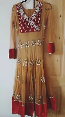 Reduced Goldy Mustard 3 Piece Readymade Anarkali Kameez Saree Suit Red Velvet • £30