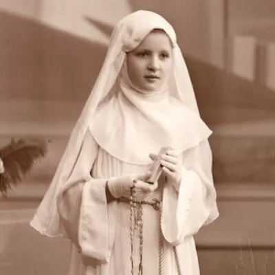 Photo Pretty Girl Dressed As Nun Kneeling Holding Rosary Bible Habit Wimple • $9.95