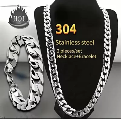 8mm Stainless Steel Curb Link Necklace 20” Bracelet 8”Set • $11