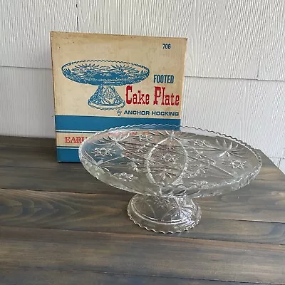 Vintage Anchor Hocking Prescut Glass Footed Cake Plate Stand W/ Box (RVsh) • $31.99