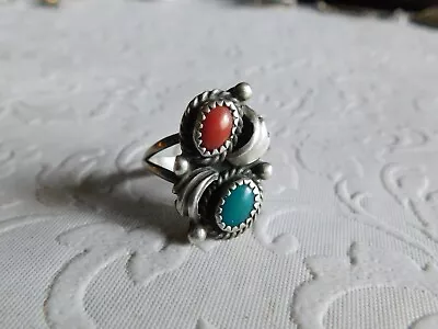 Vintage Navajo  Sterling Silver Turquoise & Coral Ring By Nellie Pino Sz. 6.5 • $45