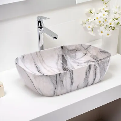 Bathroom Counter Top Ceramic Wash Basin Cloakroom Marble Sink Rectangular White • £59.95