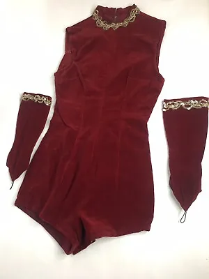 VINTAGE Velvet Burgundy MAJORETTE DANCE RECITAL UNIFORM COSTUME Zip In Back • $45.99