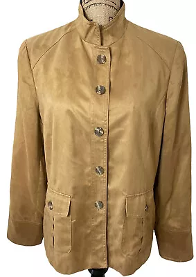 Coldwater Creek Tan Faux Suede Button Front Lined Mandarin Collar Jacket Size 14 • $11.99