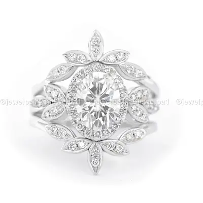 Moissanite Trio Set Engagement Wedding Ring Solid 14K White Gold 3 CT Round Cut • $214.87