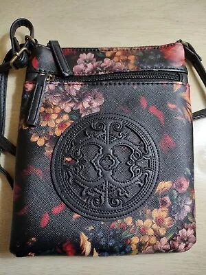 Dark Floral Oriental Applique Blk Matte Faux Leather Antique Brass Crossbody... • £14.20