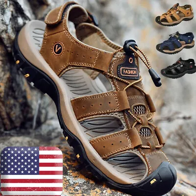 Men's Leather Sandals Closed Toe Beach Nonslip Summer Outdoor Sport Hiking Shoes • $26.59