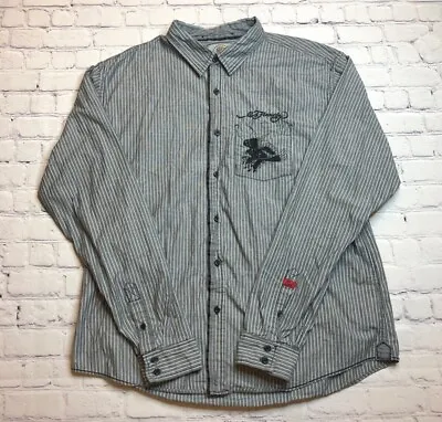 Ed Hardy Mens Button Front Shirt Gray Stripe Long Sleeve Embroidered Cotton XL • $12