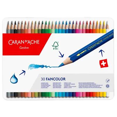 Caran D'Ache Fancolor 30 Water Soluble Colour Pencils Artist Sketching Tin Set • £41.50