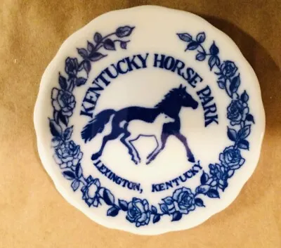 3”  KENTUCKY HORSE PARK VTG  Souvenir  Plate Blue & White Porcelain Roses  1970s • $14