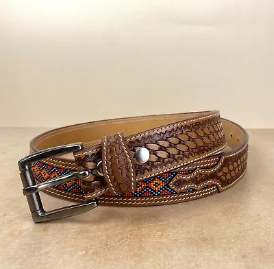 Genuine Leather Beaded Western Men Belt Hand Made Embossed With Removable Buckle • $44.99