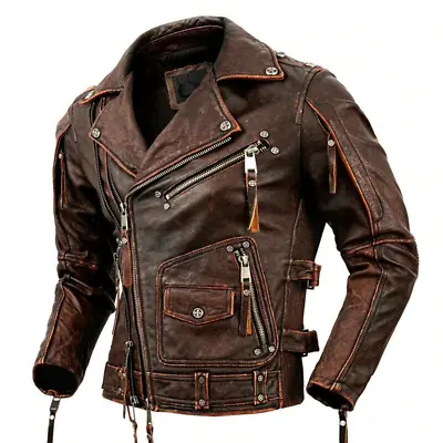 Vintage Distressed Brown Waxed Café Racer Retro Moto Biker Riding Men's Jacket • $82.39