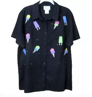 Quacker Factory Vintage Black Linen Blend Ice Cream Embellished Shirt L • $14.99