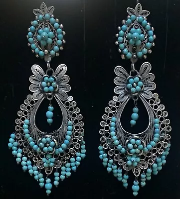 LARGE BIG Mexican Oaxacan Sterling Silver  Turquoise Filigree Frida Earrings • $368