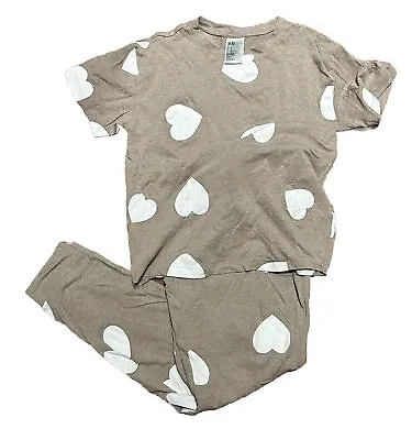 H&M Pajama Set Beige Hearts Size X Small Valentines Jersey Knit Cotton Blend • $12