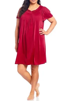 Miss Elaine ~ Cherry Red ~  Floral Embroidered Tricot Short Nightgown ~ 2x • $44.20