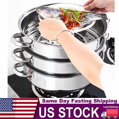 3 Tier Steamer Hot Pot Stainless Steel Cooker Steam Pot Food Cooking + Glass Lid • $40