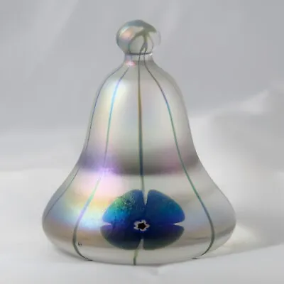 Vandermark 2004 Art Glass Paperweight Iridescent Bell Form W/ Blue Flowers Satin • $55