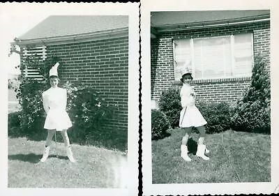 C1950 Marching Band Majorette Home Snapshot Pair Uniform Shako Tassel Boots USA • $17.50