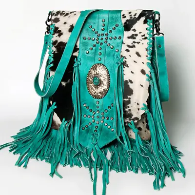 £222.71 • Buy Turquoise Leather Fringe Bag With Stone Center Boho Hippie Bag American Darling